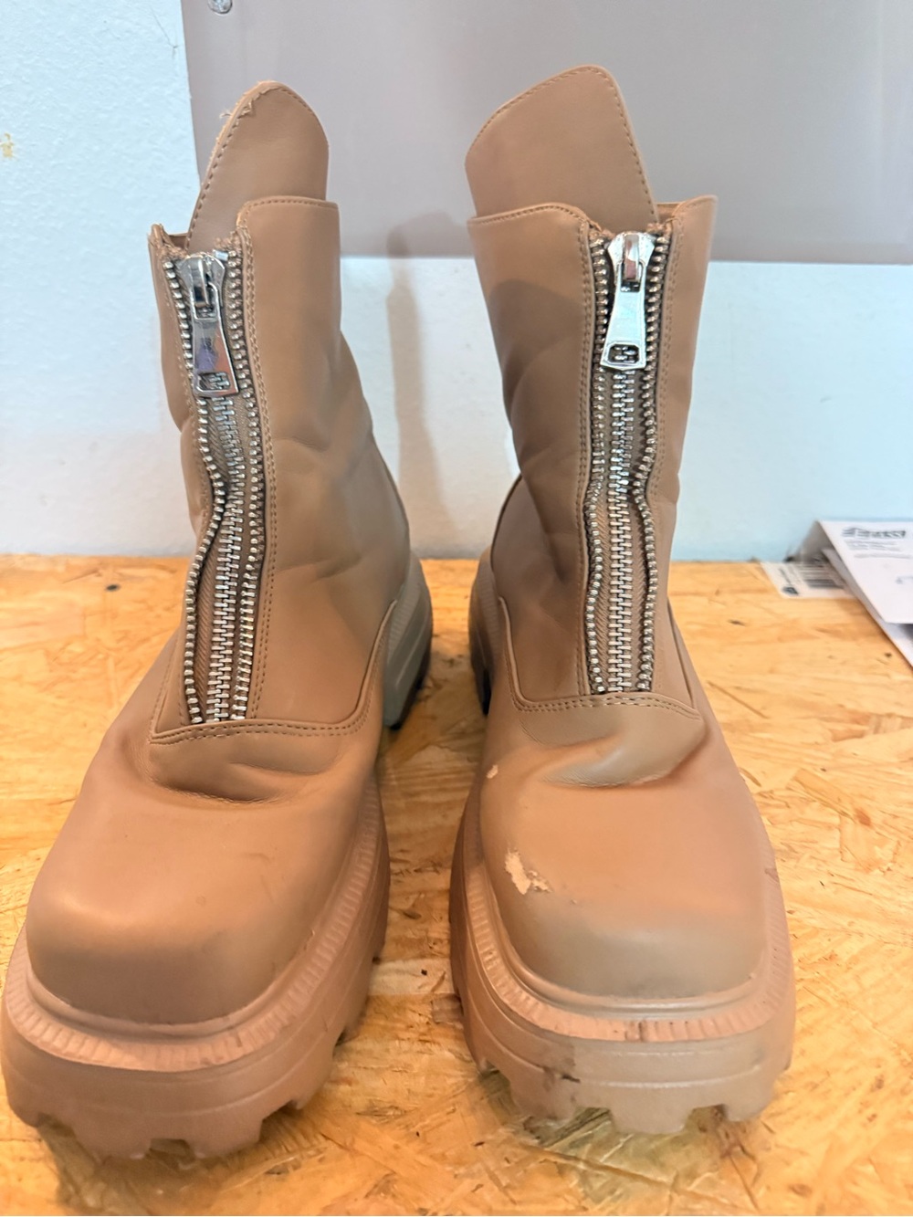 Forever 21 Tan Front-Zip Chunky Platform Moto Boots